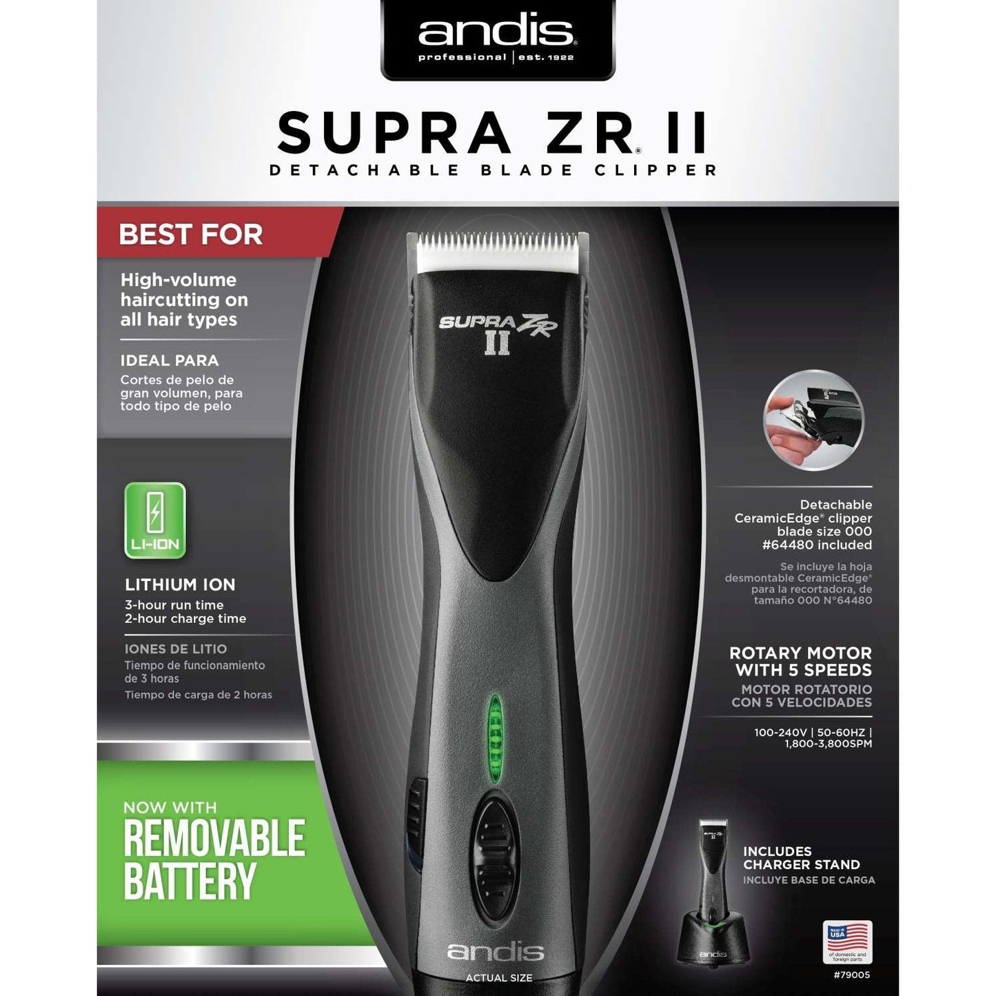 Cordless Clipper for All Hair Types with Detachable Blades and 3-Hour Battery