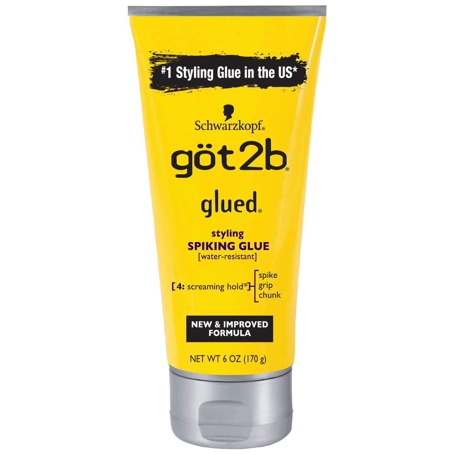 Yellow Got2B Glued Spiking Glue 6 oz tube with a silver cap.