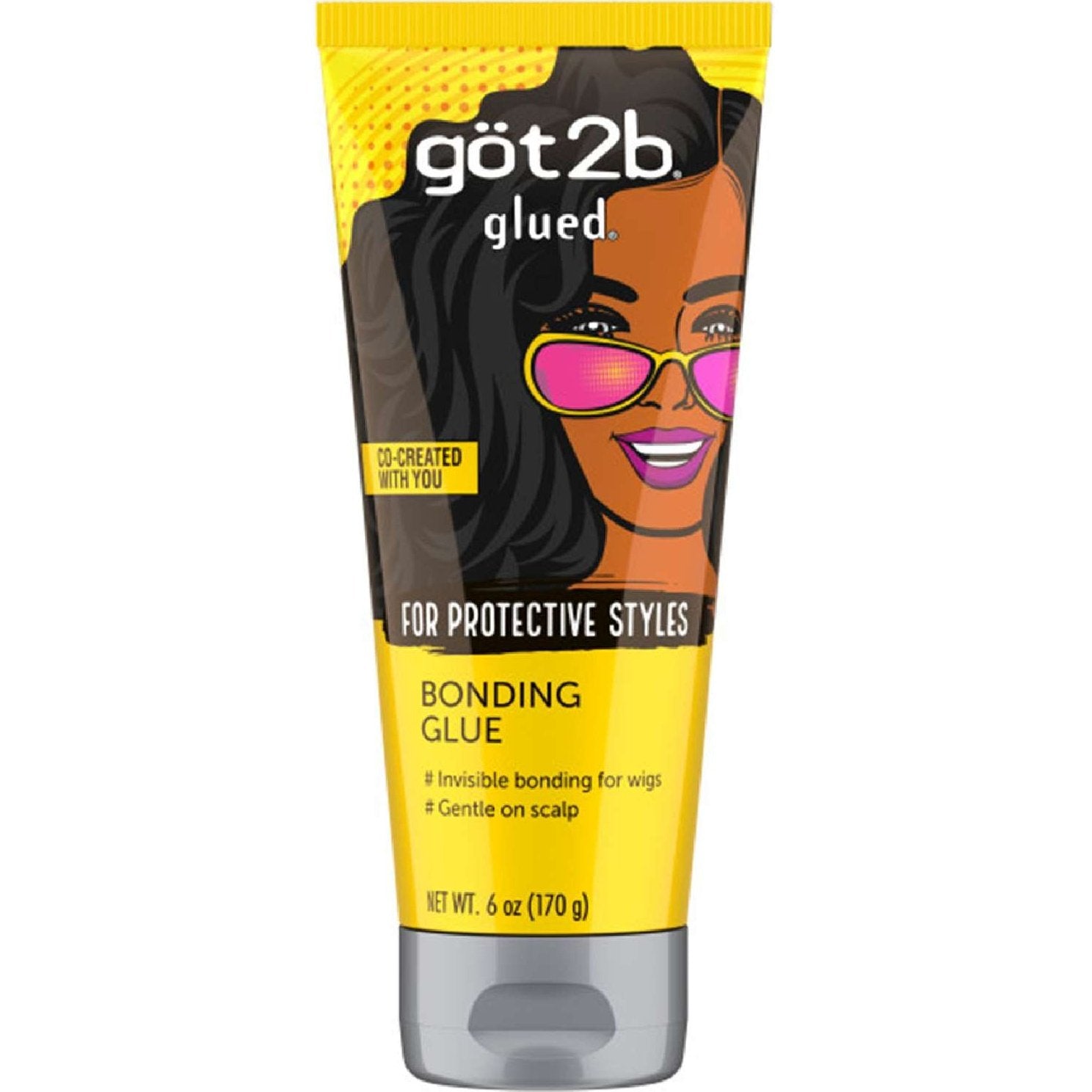 Got2b Glued Bonding Glue 6 oz yellow tube with a woman's face for protective styles.