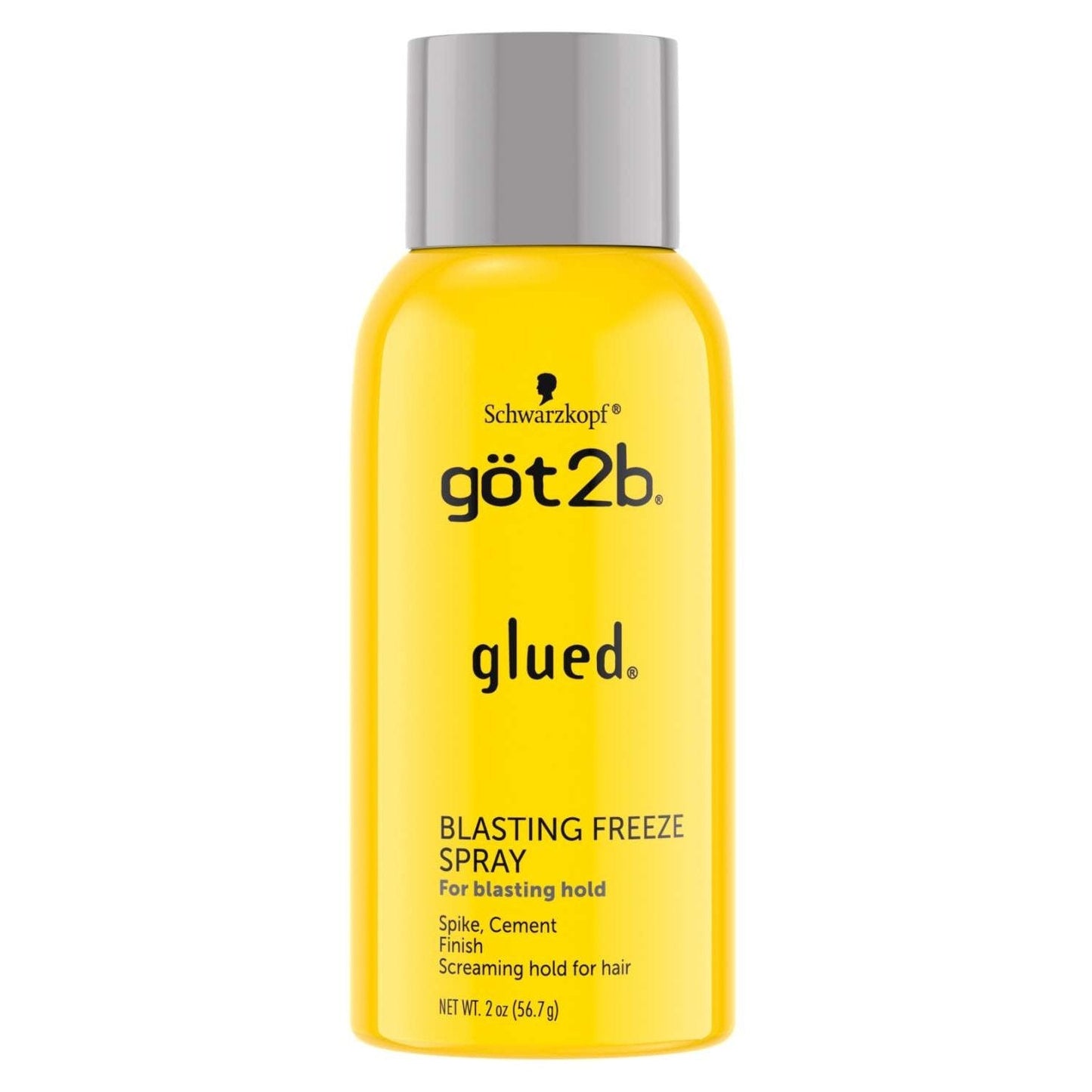 Yellow Got2B Glued Blasting Freeze Spray, 2 oz travel size, with a gray cap.