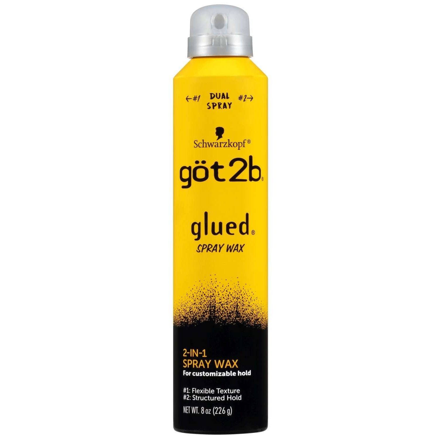 Yellow and black got2b Glued Spray Wax can with a silver cap, 8 oz.