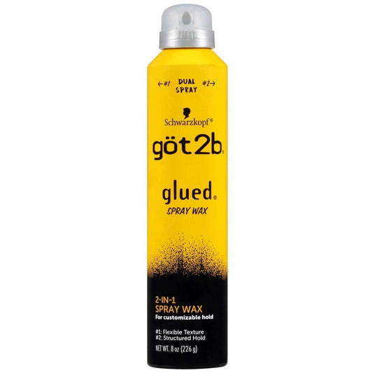 Yellow and black got2b Glued Spray Wax can with a silver cap, 8 oz.