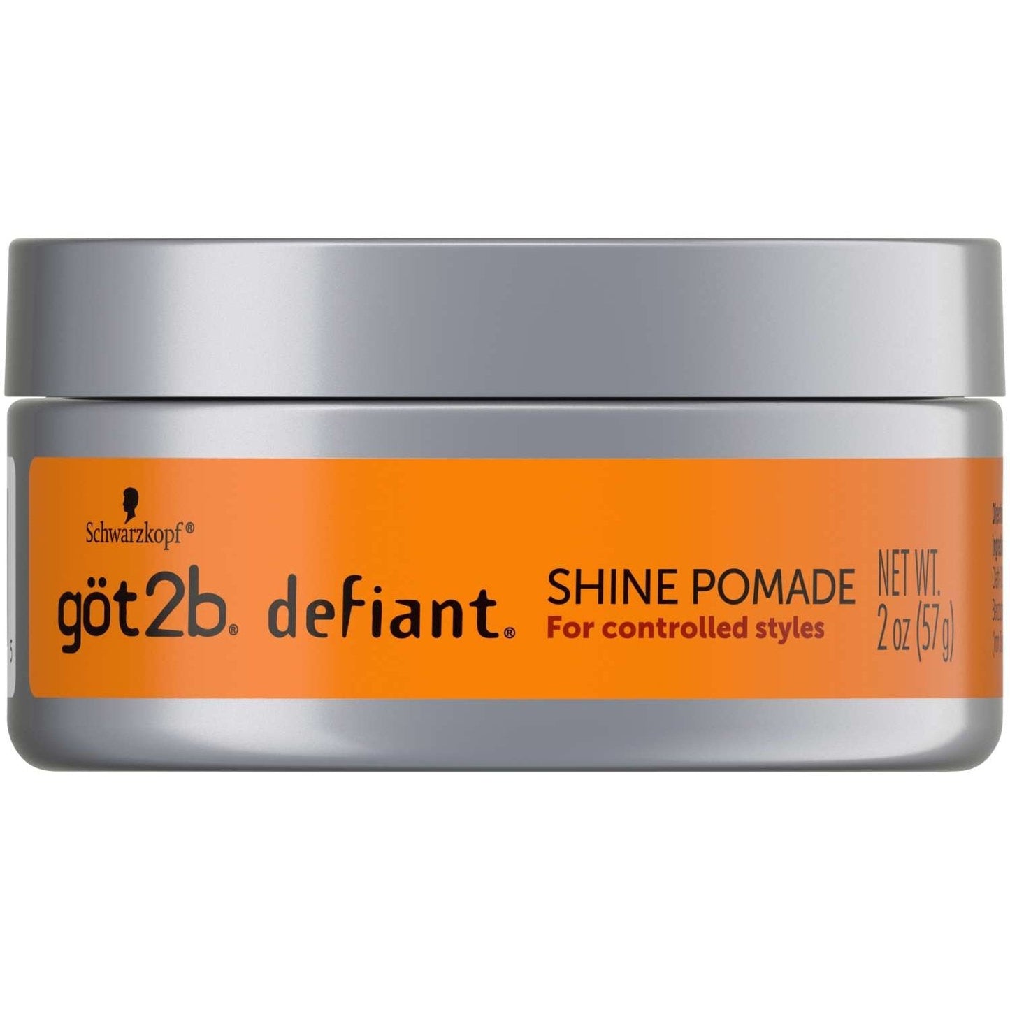 Got2B Defiant Shine Pomade in an orange and silver 2 oz container for controlled styles.