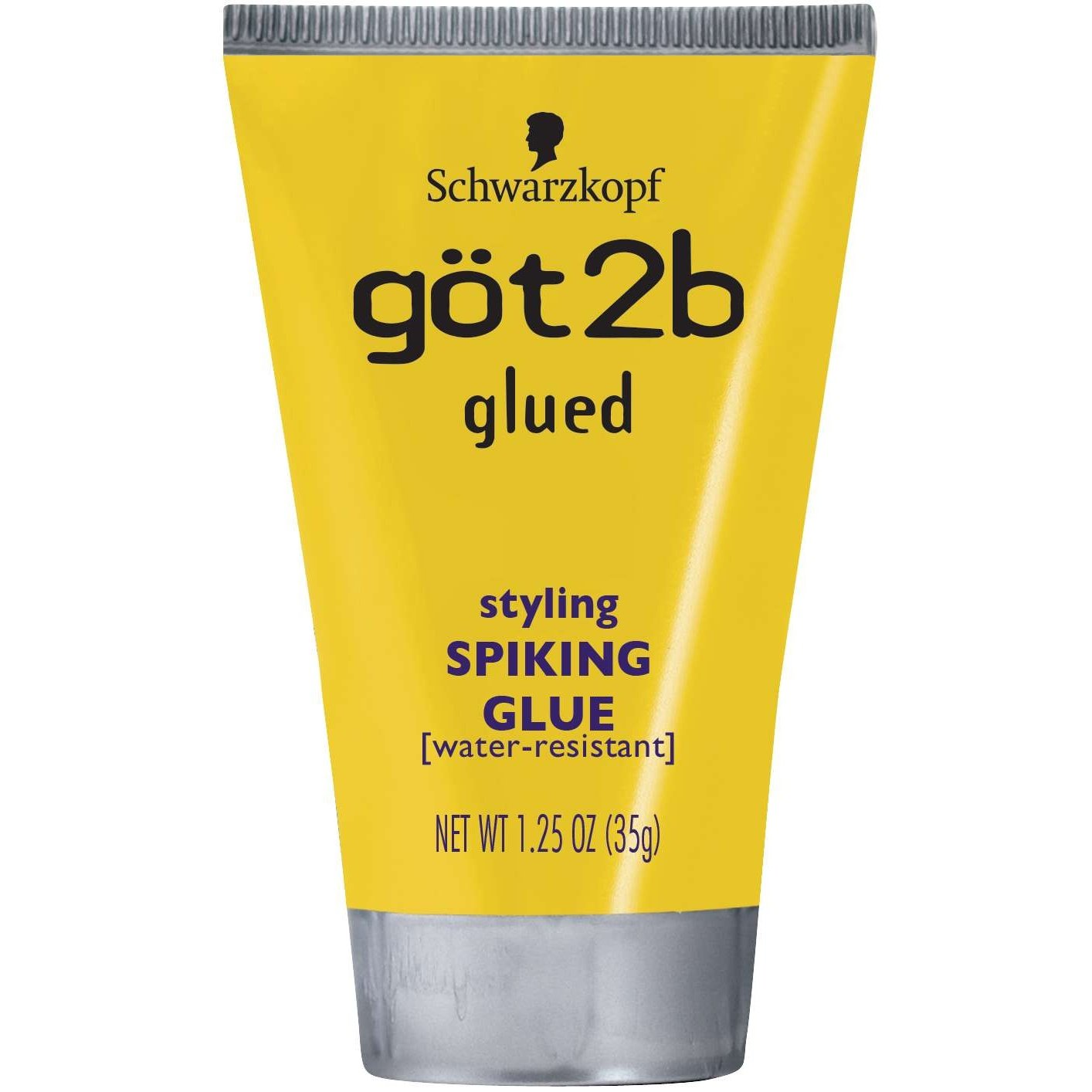 Yellow Schwarzkopf got2b glued spiking glue, 1.25 oz water-resistant hair gel tube with silver cap.