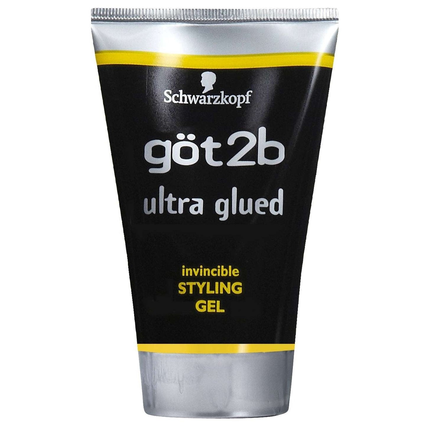 Got2B Ultra Glued Invincible Styling Gel in a black and silver 1.25 oz tube with yellow accents.