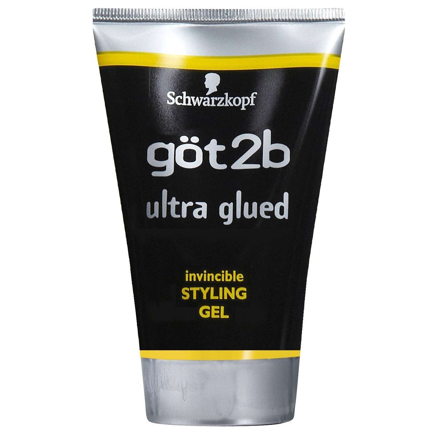 Got2B Ultra Glued Invincible Styling Gel in a black and silver 1.25 oz tube with yellow accents.
