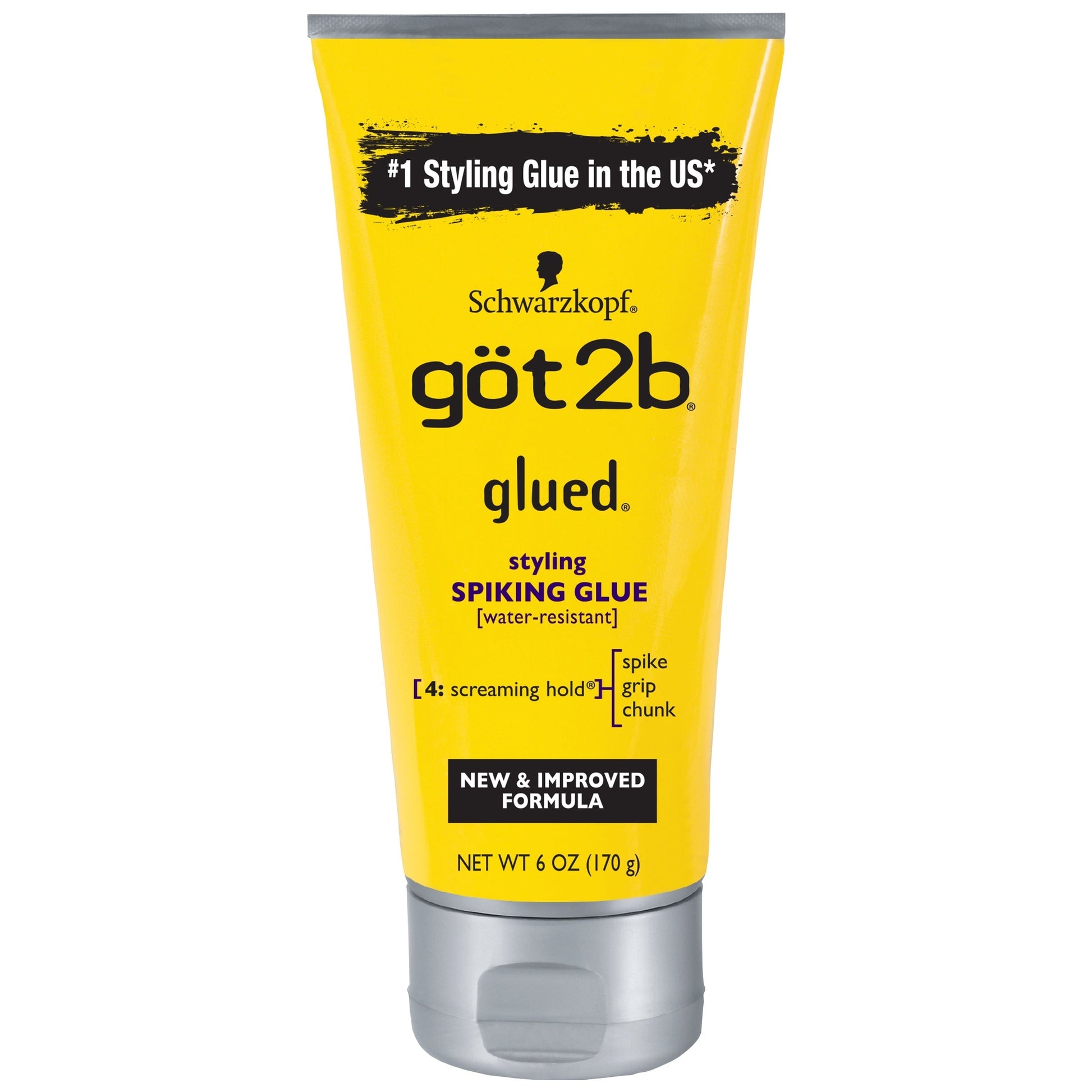 Yellow Got2B Glued Spiking Glue 6 oz tube with a silver cap.