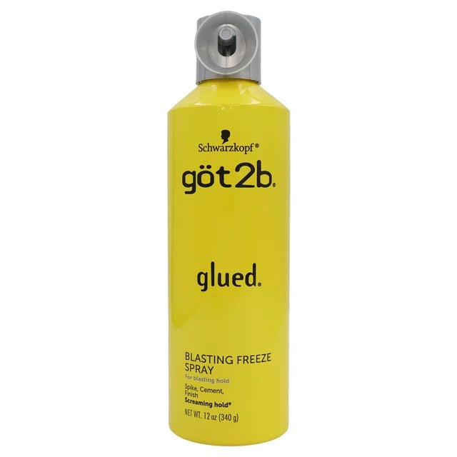 Yellow Got2B Glued Blasting Freeze Spray, 12 oz, with a gray nozzle.
